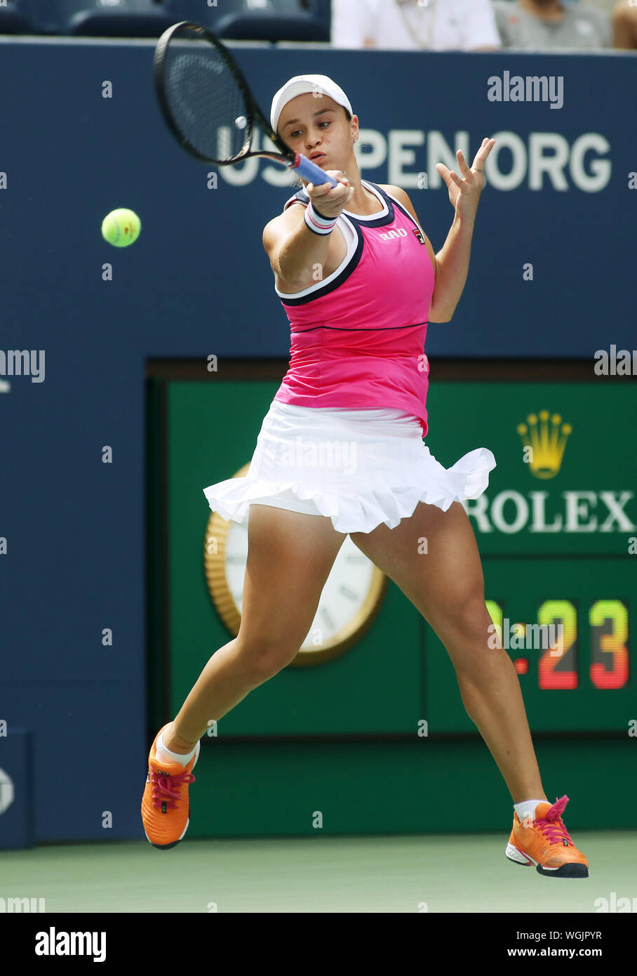 New York, United States. 01st Sep, 2019. Ashleigh Barty of Australia hits a forehand to Qiang Wang of China in the first set of the fourth round match at the 2019 US Open Tennis Championships at the USTA Billie Jean King National Tennis Center on Sunday, September 1, 2019 in New York City. Wang won 6-2, 6-4. Photo by Monika Graff/UPI Credit: UPI/Alamy Live News Stock Photo