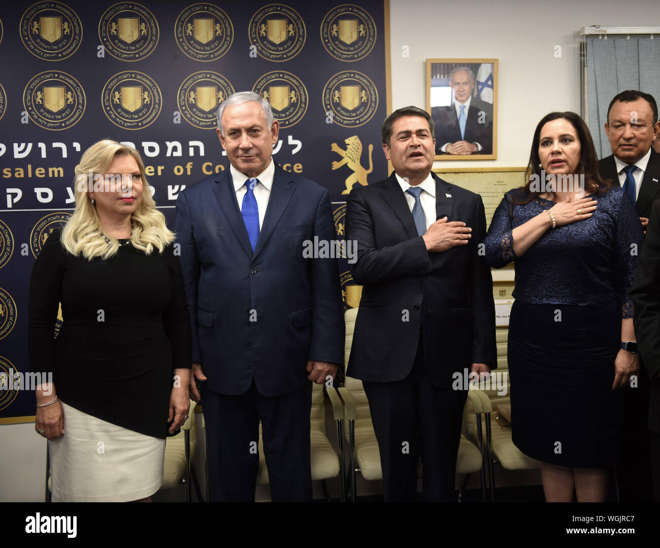Jerusalem, Israel. 1st Sept 2019. (L) Israeli Prime Minister Benjamin Netanyahu and his wife, Sara, join ( R) President of Honduras Juan Orlando Hernandez and his wife, Ana Garcia Carias at the inauguration ceremony of the Diplomatic Trade Office of Honduras in Israel, in Jerusalem, Sunday, September 1, 2019. Photo by Debbie Hill/UPI Credit: UPI/Alamy Live News Stock Photo