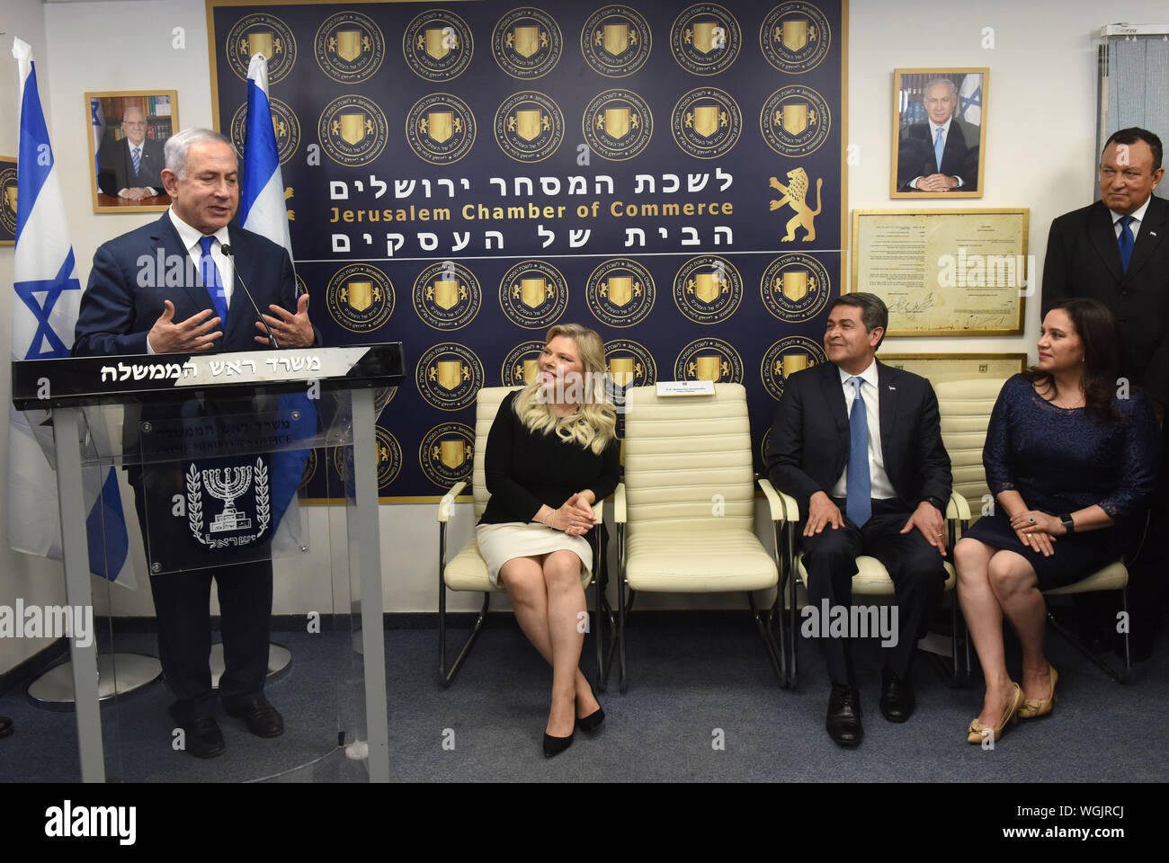 Jerusalem, Israel. 1st Sept 2019. (L) Israeli Prime Minister Benjamin Netanyahu speaks in the presence of his wife, Sara, and ( R) President of Honduras Juan Orlando Hernandez and his wife, Ana Garcia Carias at the inauguration ceremony of the Diplomatic Trade Office of Honduras in Israel, in Jerusalem, Sunday, September 1, 2019.  Photo by Debbie Hill/UPI Credit: UPI/Alamy Live News Stock Photo