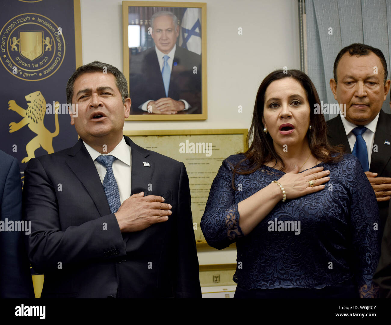 Jerusalem, Israel. 1st Sept 2019. President of Honduras Juan Orlando Hernandez and his wife, Ana Garcia Carias stand during the national anthem during the inauguration ceremony of the Diplomatic Trade Office of Honduras in Israel, in Jerusalem, Sunday, September 1, 2019.  Photo by Debbie Hill/UPI Credit: UPI/Alamy Live News Stock Photo