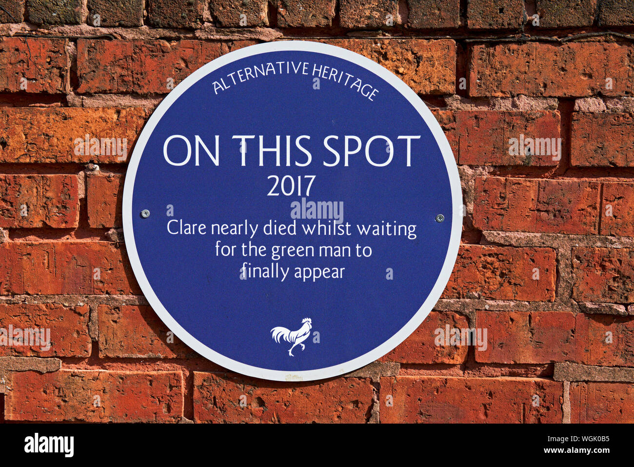 Alternative Heritage plaque: on this spot, in 2017, Clare nearly died whilst waiting for the green man to finally appear... Hull, East Yorkshire Stock Photo