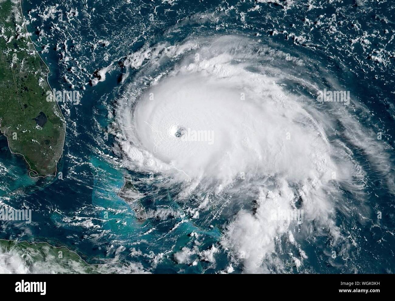Atlantic Ocean. 1st Sept 2019. NOAA satellite image taken by the GOES-16 satellite showing Hurricane Dorian as it passes the Bahamas September 1, 2019 in the Atlantic Ocean. Dorian struck the small island nation as a Category 5 storm with winds of 185 mph. Credit: NOAA/Planetpix/Alamy Live News Stock Photo