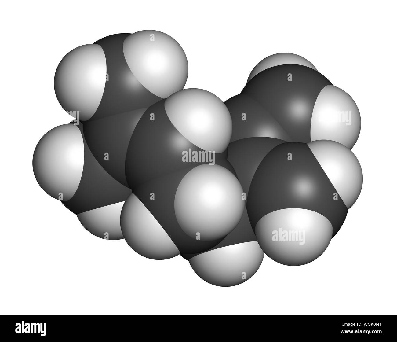 Myrcene monoterpene molecule. 3D rendering. Atoms are represented as spheres with conventional color coding: hydrogen (white), carbon (grey). Stock Photo