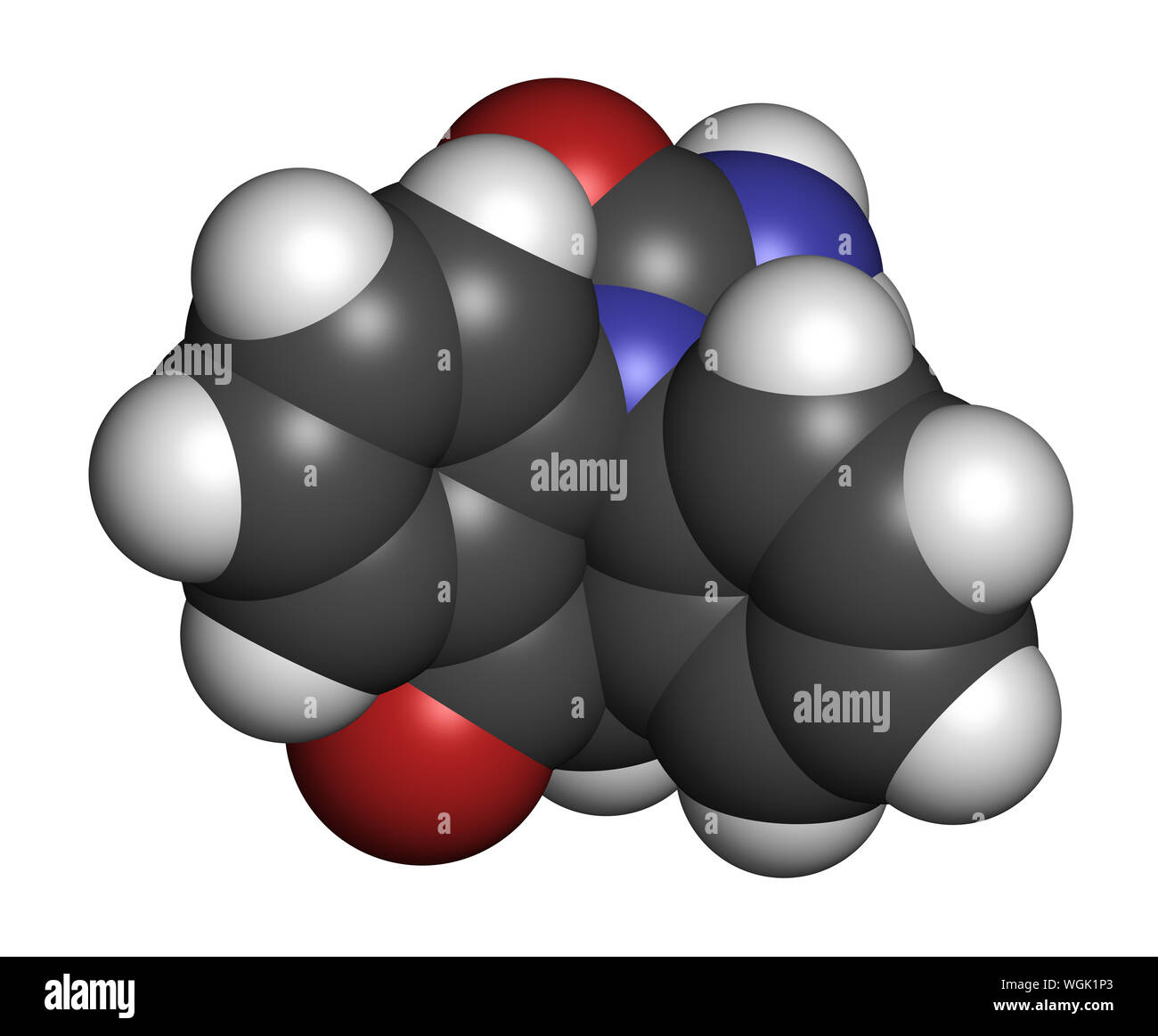 Oxcarbazepine epilepsy drug molecule. 3D rendering. Atoms are