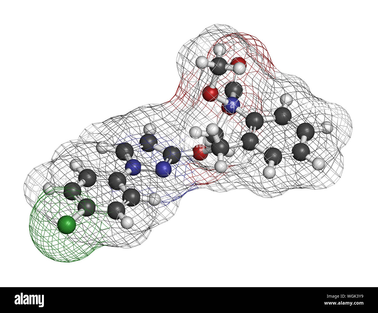 Pyraclostrobin fungicide molecule. 3D rendering. Atoms are represented as spheres with conventional color coding: hydrogen (white), carbon (grey), oxy Stock Photo