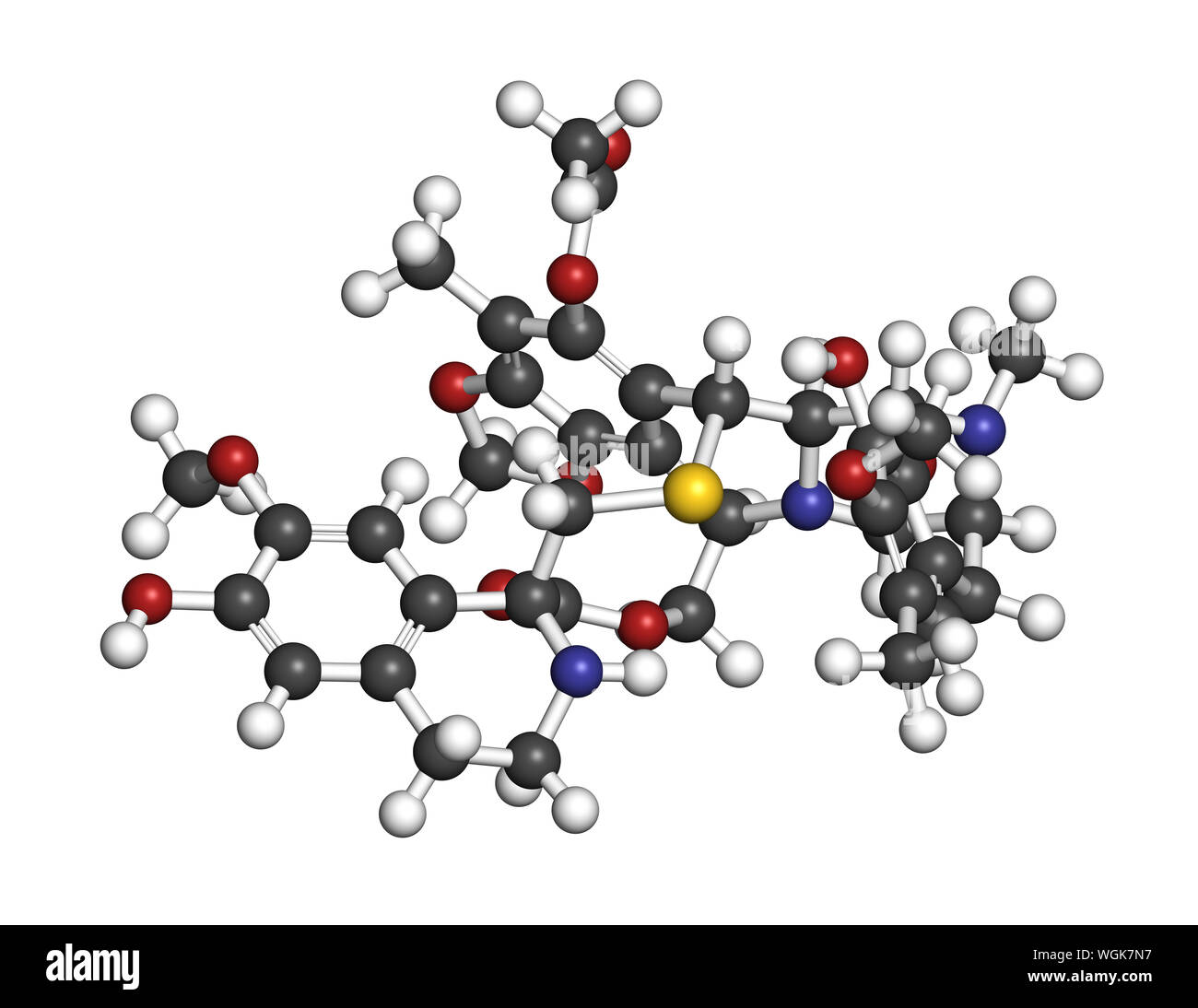 Trabectedin cancer drug molecule. 3D rendering. Atoms are represented as spheres with conventional color coding: hydrogen (white), carbon (grey), nitr Stock Photo