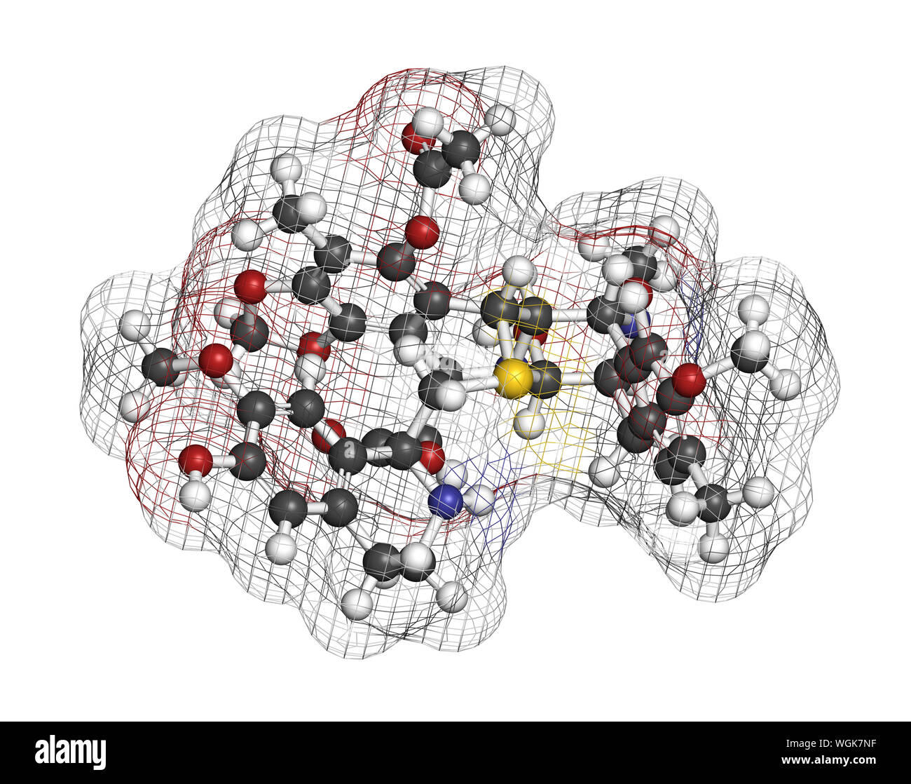 Trabectedin cancer drug molecule. 3D rendering. Atoms are represented as spheres with conventional color coding: hydrogen (white), carbon (grey), nitr Stock Photo