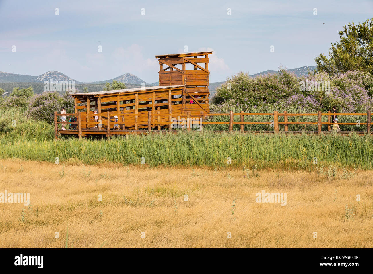 Wooden birdwatcher post in Lake Vrana, Croatia Stock Photo