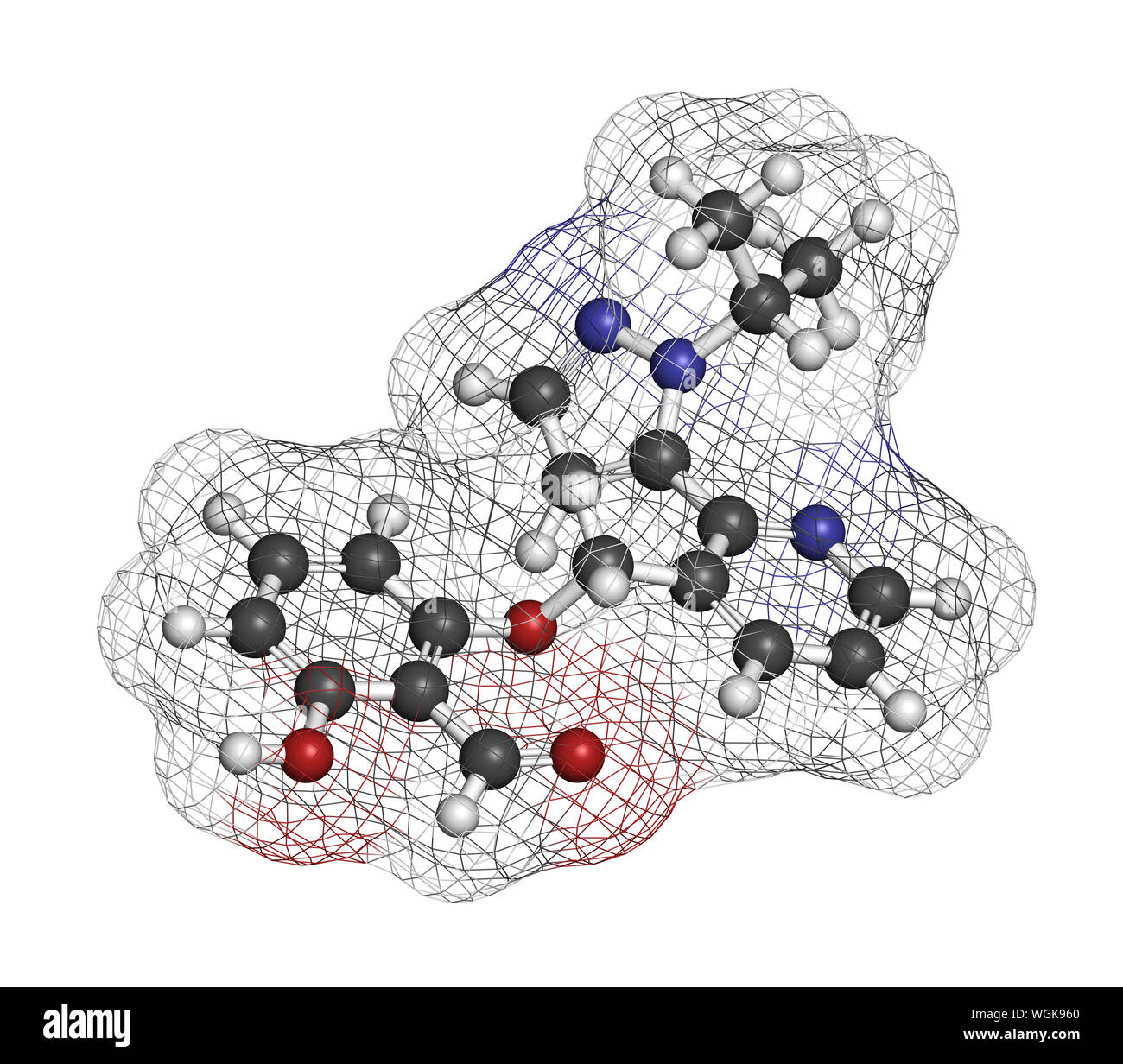 Voxelotor sickle cell disease drug molecule. 3D rendering. Atoms are