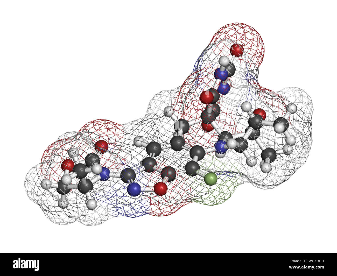 Zoliflodacin antibiotic drug molecule. 3D rendering. Atoms are represented as spheres with conventional color coding: hydrogen (white), carbon (grey), Stock Photo