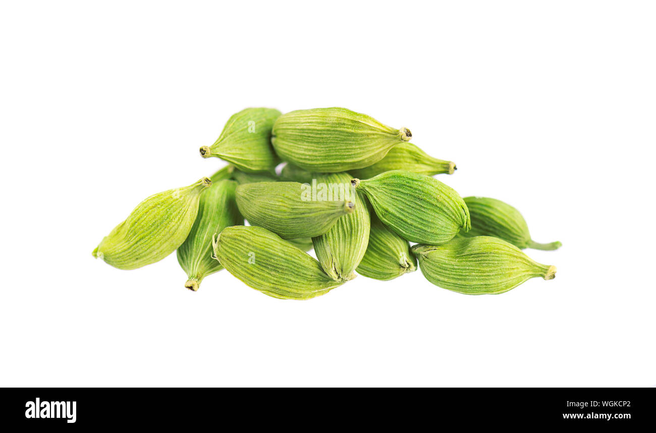 Cardamom pods isolated on white background. Green cardamon seeds