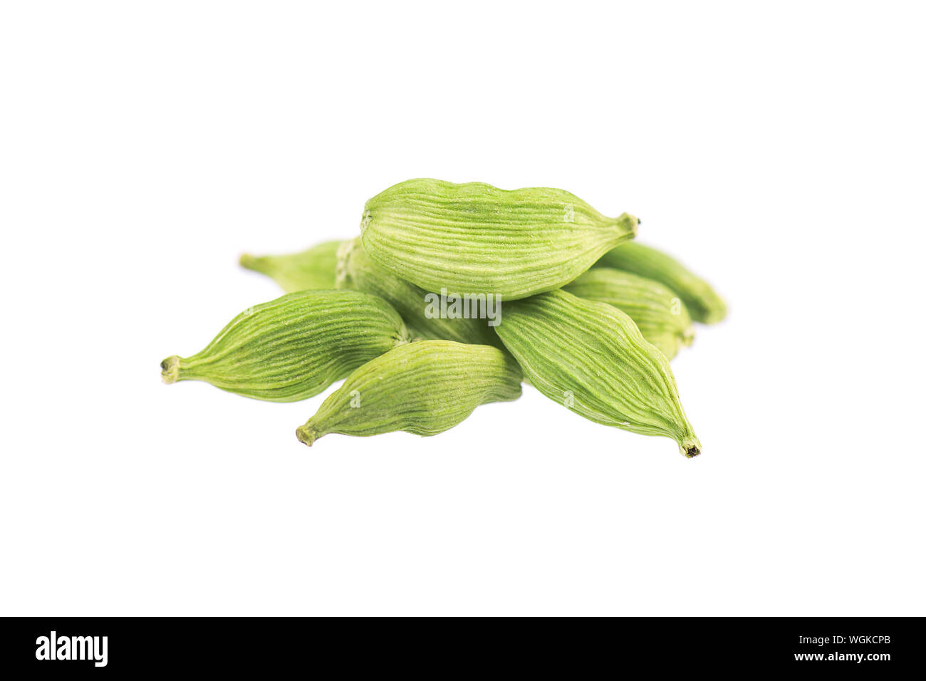 Cardamom pods isolated on white background. Green cardamon seeds