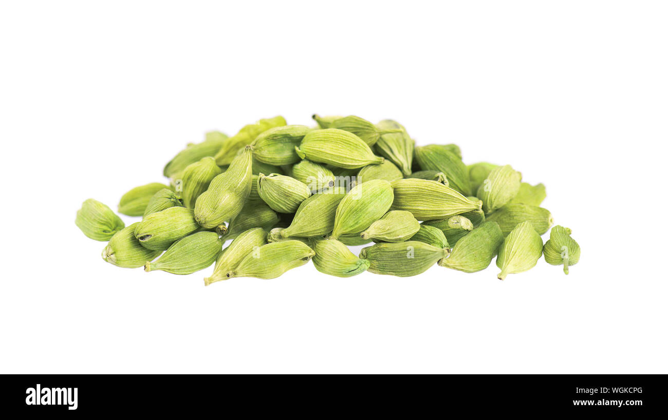 Cardamom pods isolated on white background. Green cardamon seeds
