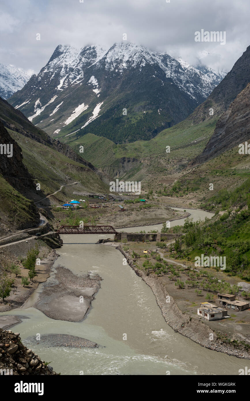 Panoramic view of the village beside river in himalayas Stock Photo