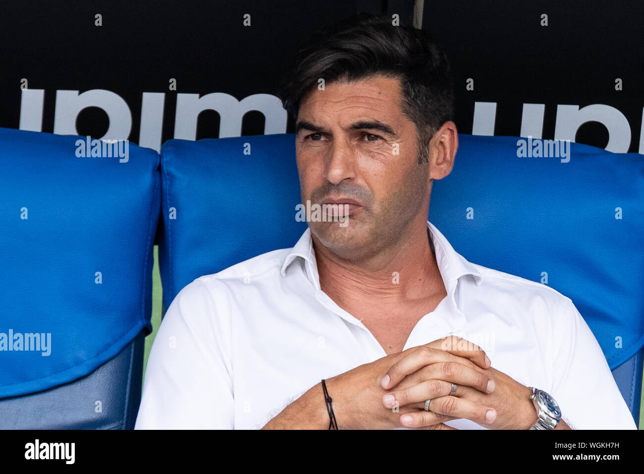 Roma's coach, Paulo Fonseca looks on during the Serie A match between Lazio  and AS Roma at Olimpico Stadium.(Final score: Lazio 1:1 AS Roma Stock Photo  - Alamy