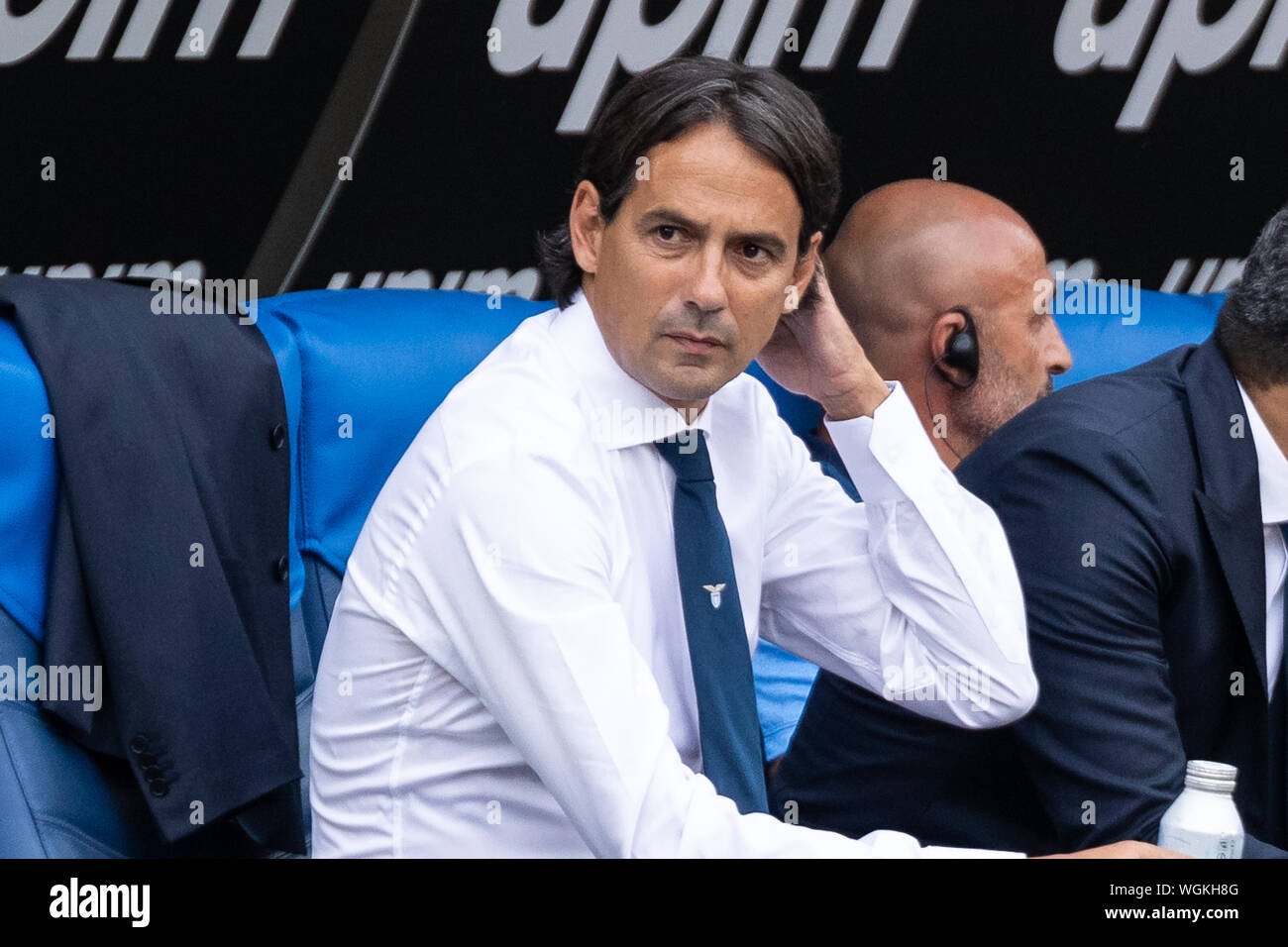Lazio coach, Simone Inzaghi looks on during the Serie A match between Lazio and AS Roma at Olimpico Stadium.(Final score: Lazio 1:1 AS Roma) Stock Photo