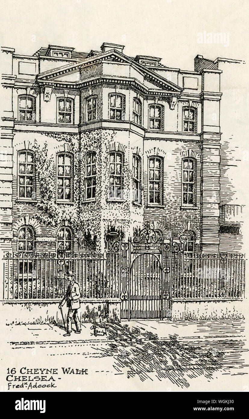 DANTE GABRIEL ROSSETTI (1828-1882) British poet and painter. His house at 16 Cheyne Walk about 1912 - one of a series of notable houses drawn by Frederick Adcock at that period. Stock Photo