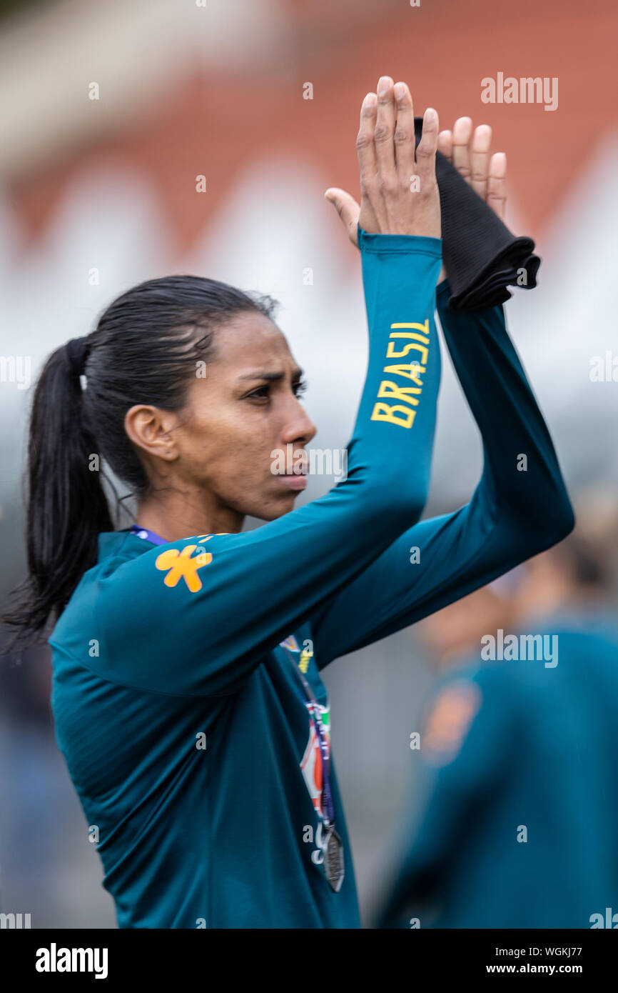 SÃO PAULO, SP - 01.09.2019: BRAZIL X CHILE - Bruna Benites thanks the fans after the defeat on penalties. Uber Women's Sr Cup Cup - Chilean national team wins the Brazilian women&# socteam onm on penalties after a 0-0 draw iaw in normal time. With t of rain, which disrupted the football of bof both teams, and with audience of 15,047 paying and income of $ 174,073.00. The match took place this Sunday, September 1st, 2019, at Pacaembu Stadium, in São Paulo. (Photo: Van Campos/Fotoarena) Stock Photo