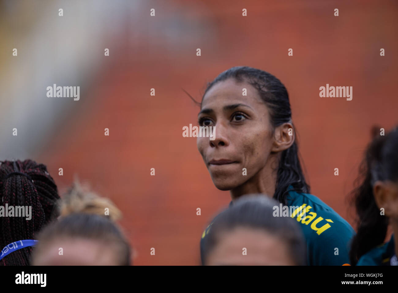 SÃO PAULO, SP - 01.09.2019: BRAZIL X CHILE - Bruna Benites attends the Chilean celebration. Uber Women'scer Cup Cup - Chilean national team wins the Brazilian women&#39occer ten ten penalties after a 0-0 drawdraw in normal time. With a lot of rain, ch disrupted the football ofl of both teams, and with audience of 15,047 paying and income of $ 174,073.00. The match took place this Sunday, September 1st, 2019, at Pacaembu Stadium, in São Paulo. (Photo: Van Campos/Fotoarena) Stock Photo