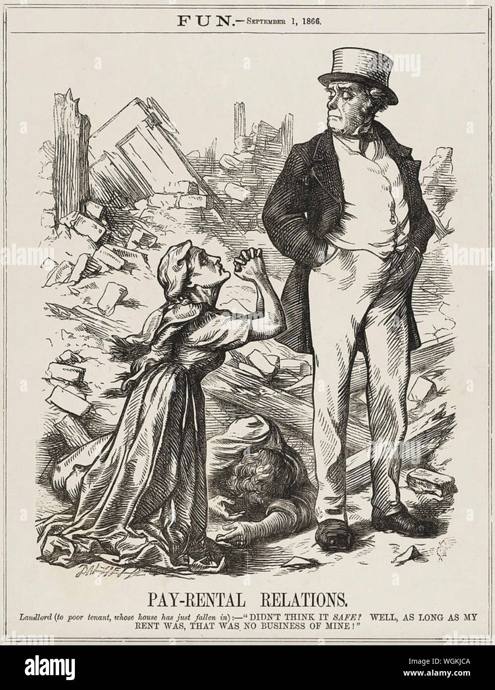 LANDLORD AND TENANT  An 1866 engraving from the weekly English magazine FUN Stock Photo
