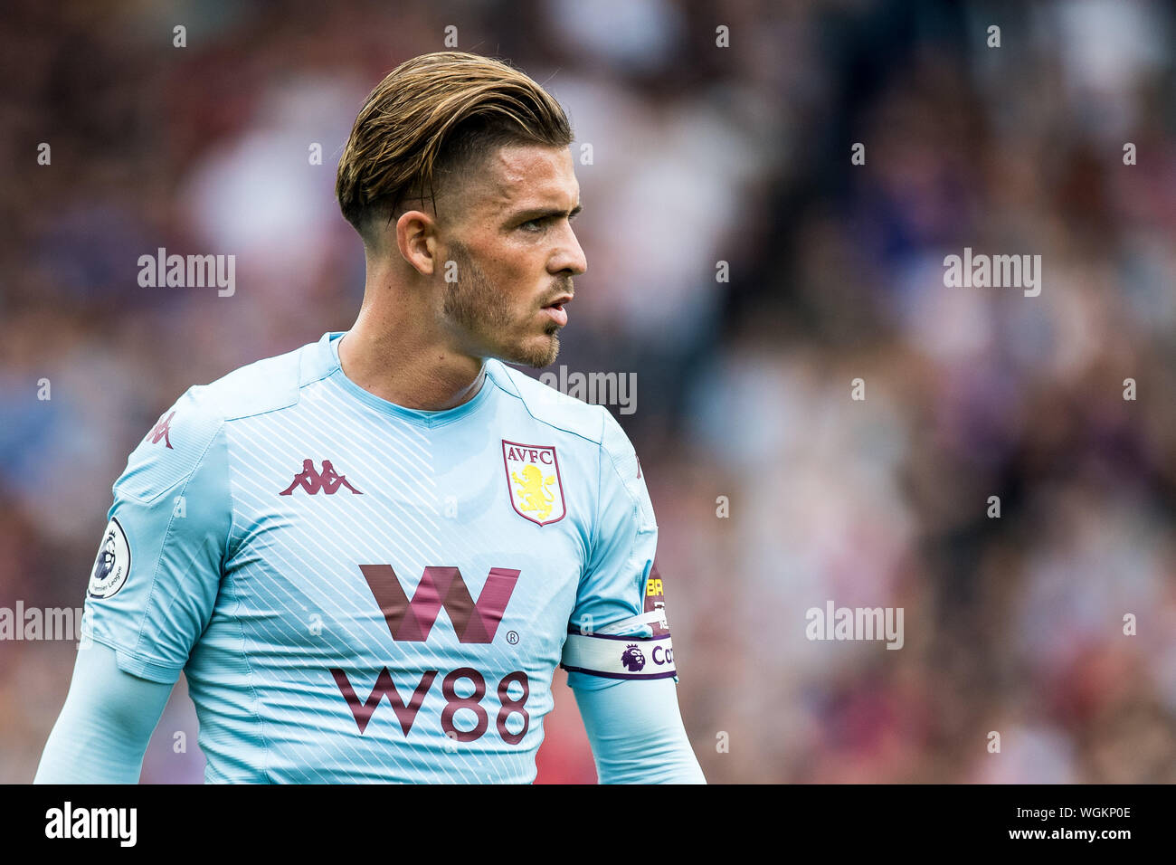 LONDON, ENGLAND - AUGUST 31: Jack Grealish of Aston Villa looks on during the Premier League match between Crystal Palace and Aston Villa at Selhurst Park on August 31, 2019 in London, United Kingdom. (Photo by Sebastian Frej/MB Media) Stock Photo
