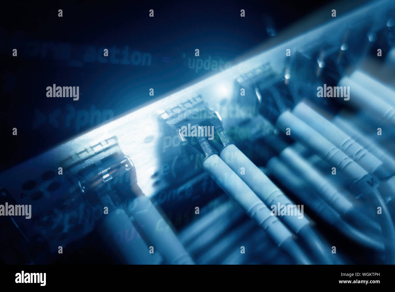 Close up fiber optic in server room , network cables installed in the ...