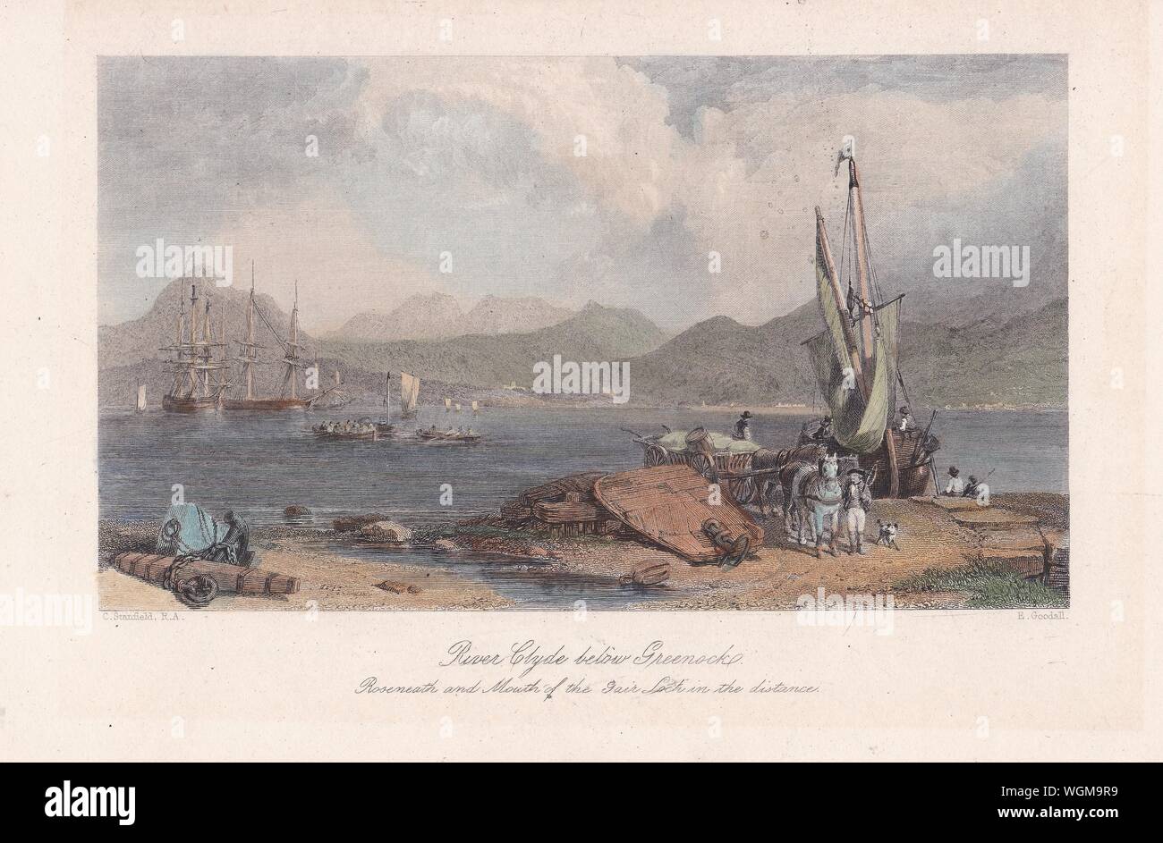 Book plate / print of 'River Clyde below Greenock, Rosemeath and mouth of the Gair Lock in the distance'. Stock Photo