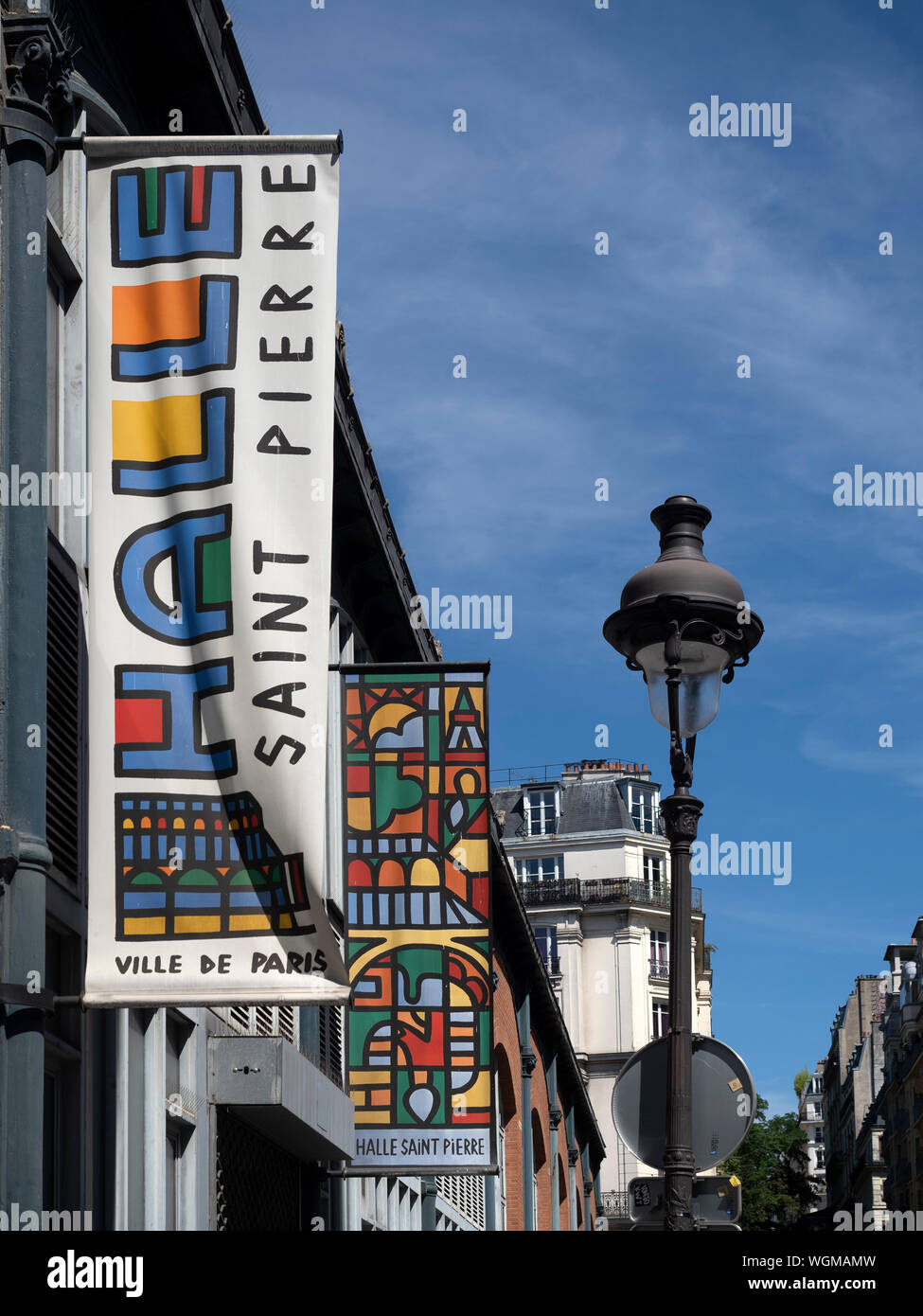 PARIS, FRANCE - AUGUST 04, 2018: Banner signs outside Halle Saint Pierre in Rue Ronsard - this building houses a museum,  gallery, bookshop, auditoriu Stock Photo