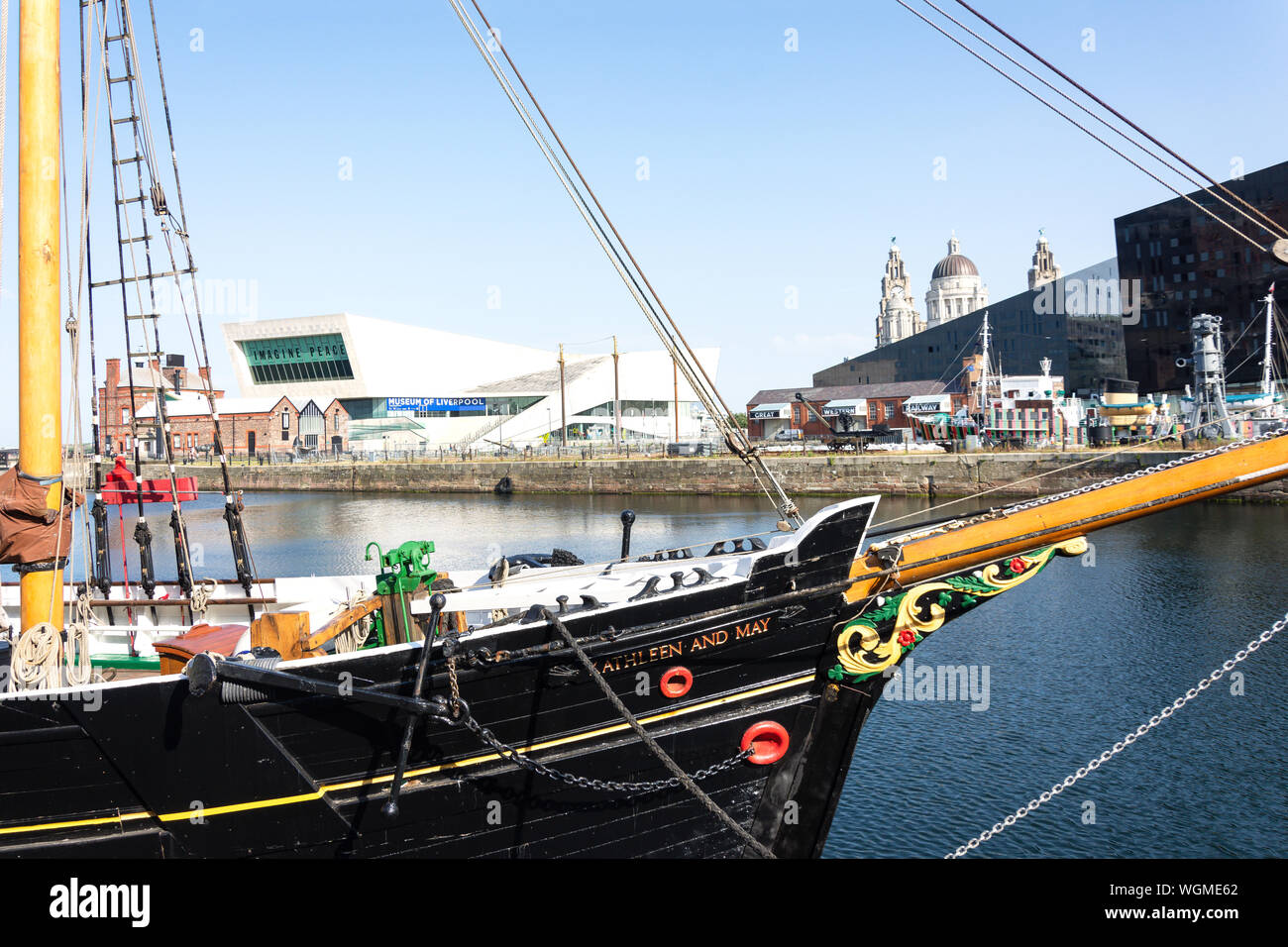 'Kathleen and May' historic sail schooner and Museum of Liverpool, Royal Albert Dock, Liverpool Waterfront, Liverpool, Merseyside, England, United Kin Stock Photo