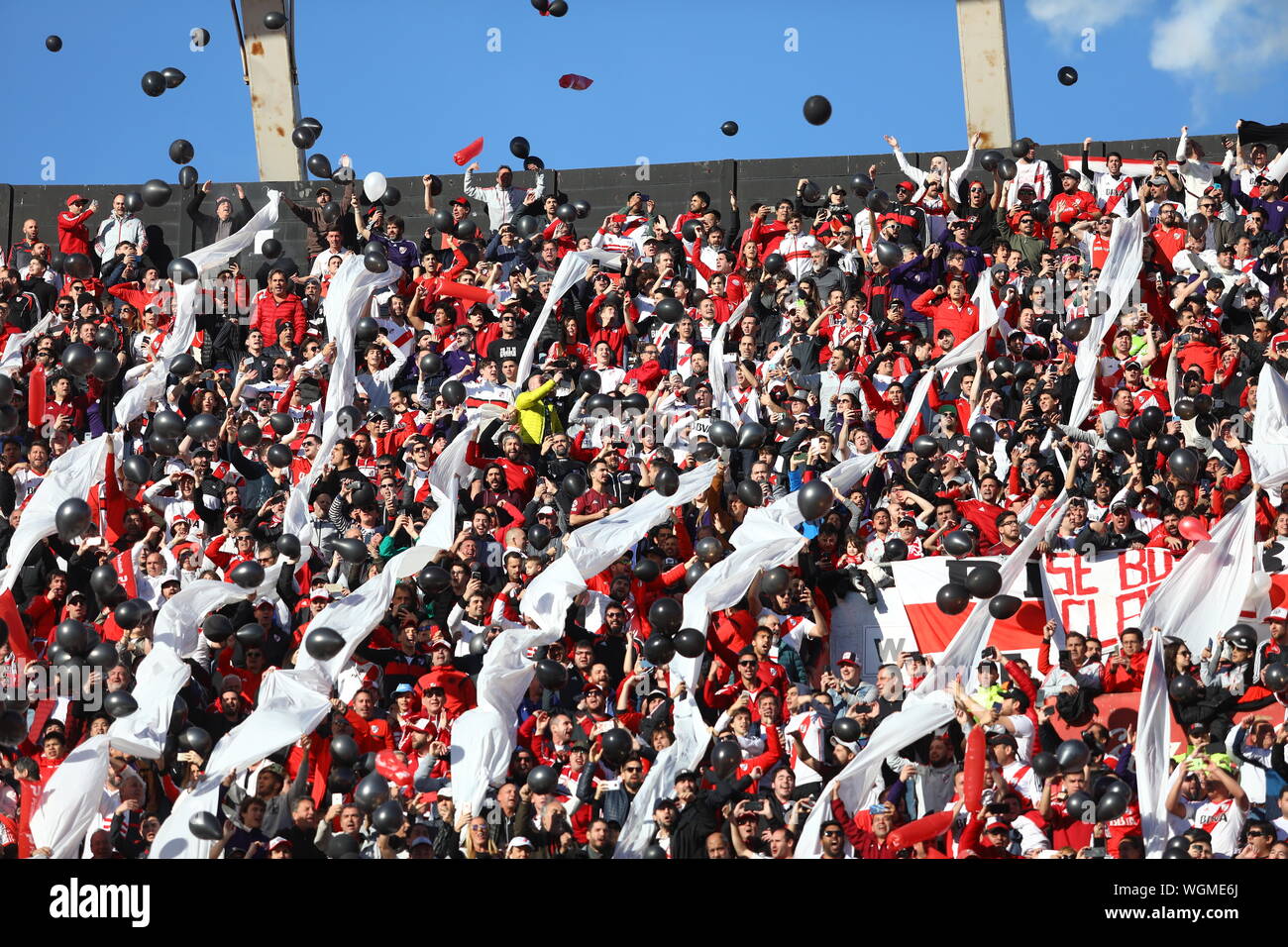 Buenos Aires, Argentina - September 01, 2019: River Plate fans in the beginning of the match in the Monumental Stadium in Buenos Aires, Argentina Stock Photo