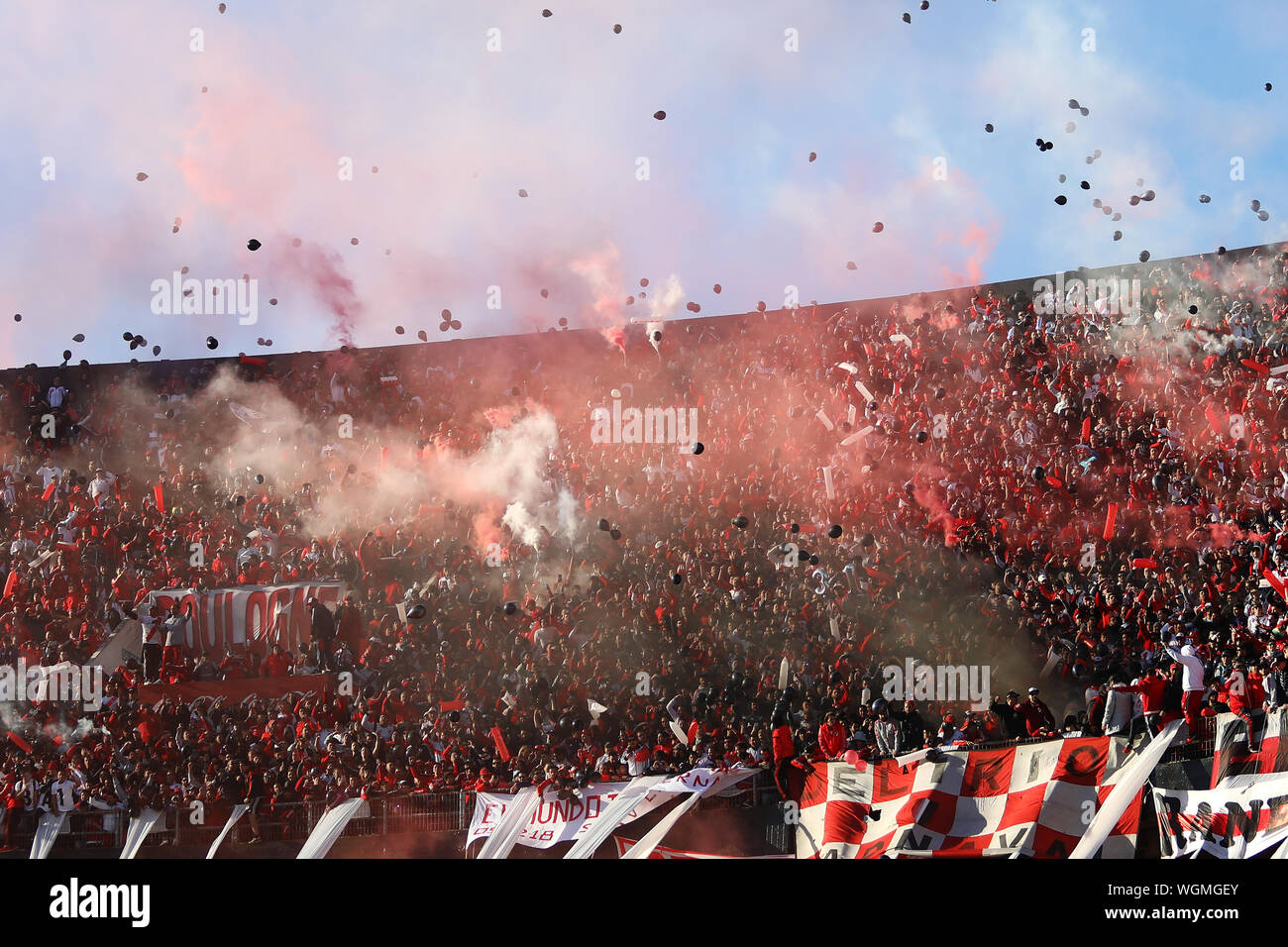 Buenos Aires, Argentina - September 01, 2019: River Plate fans in the beginning of the match in the Monumental Stadium in Buenos Aires, Argentina Stock Photo