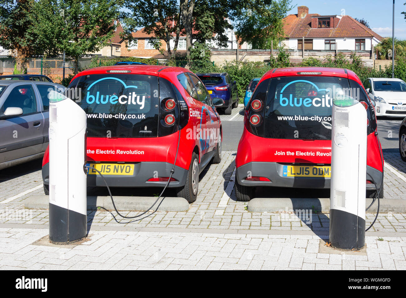 Bluecity car sharing electric cars at charging station, Heston, London Borough of Hounslow, Greater London, England, United Kingdom Stock Photo