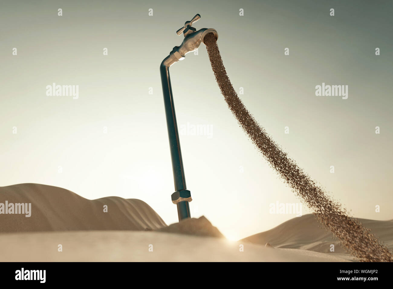 3d rendering of dune landscape with sand flowing spigot. Concept of water shortage Stock Photo