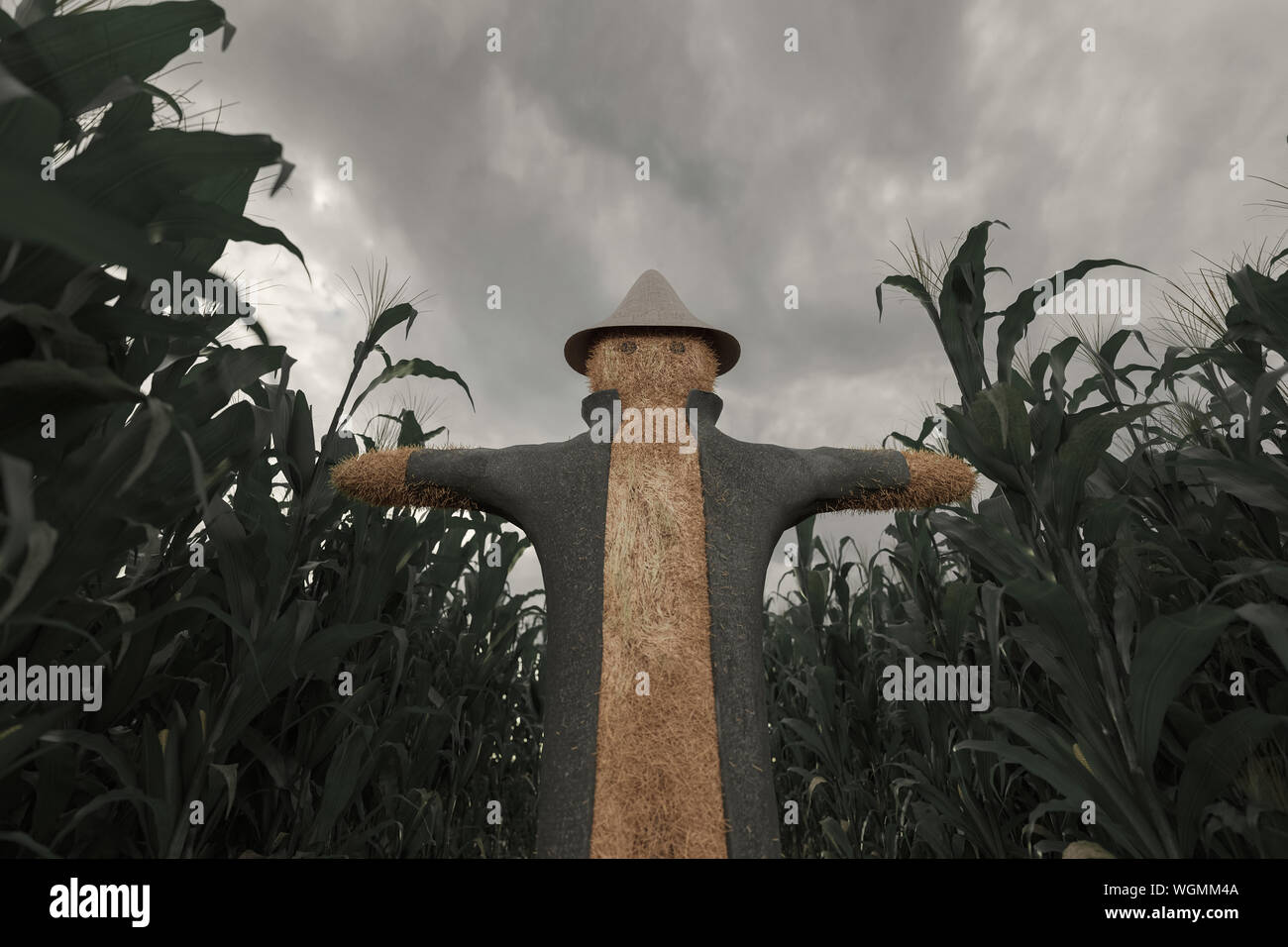 3d rendering of standing  scarecrow with outstretched arms in green cornfield Stock Photo