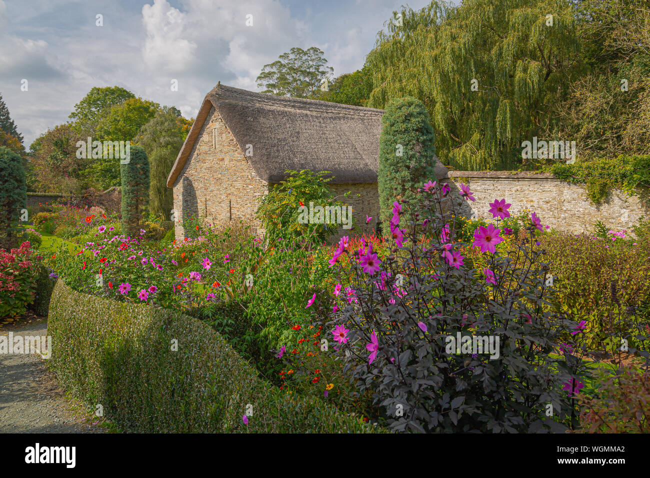 Looking down at the vicarage with its neat borders and lovely planting at the garden house,devon Stock Photo