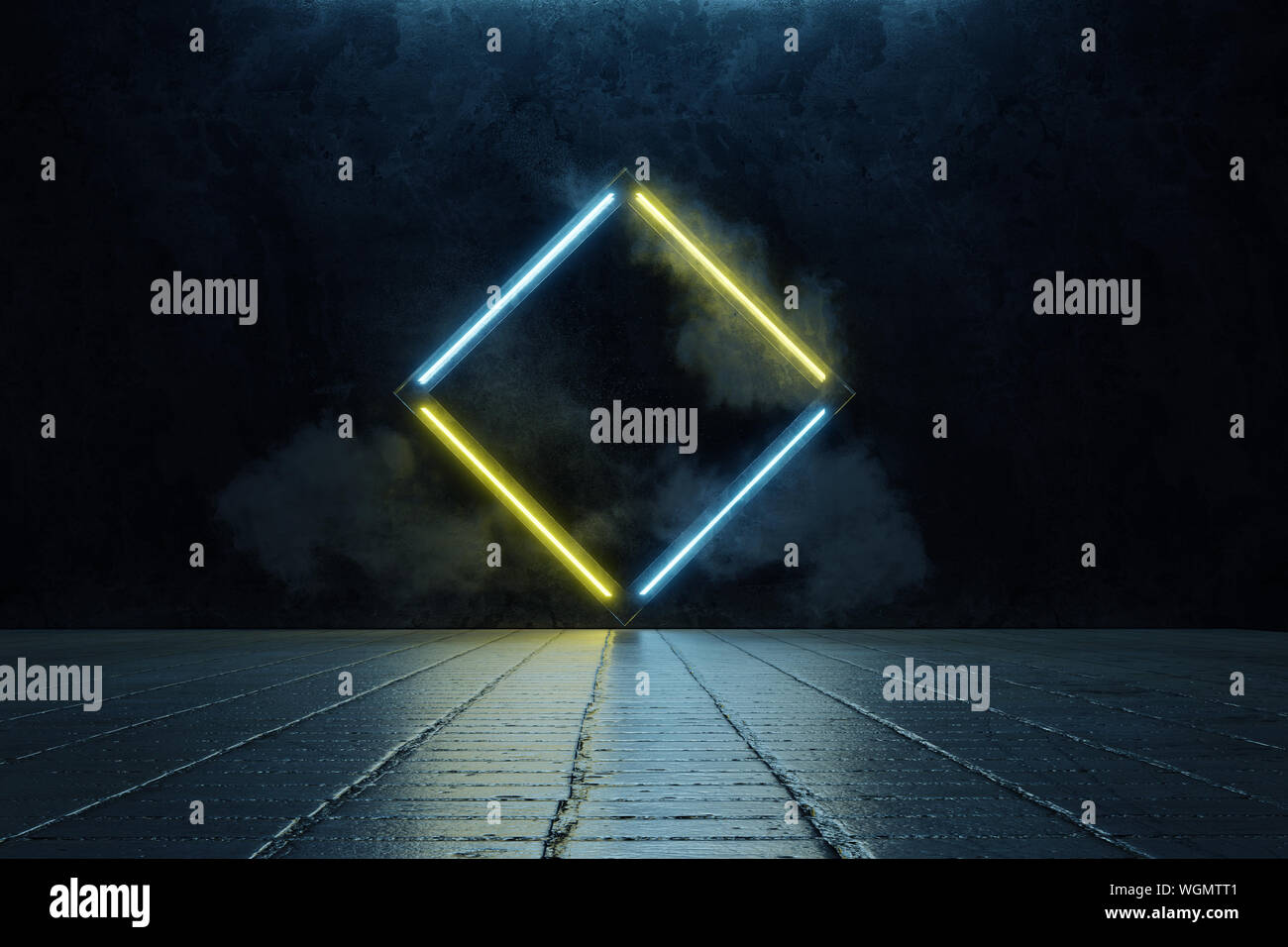 3d rendering of framed rotated square shape in yellow and blue neon light. Stamped in grunge wall and surrounded by smoke Stock Photo