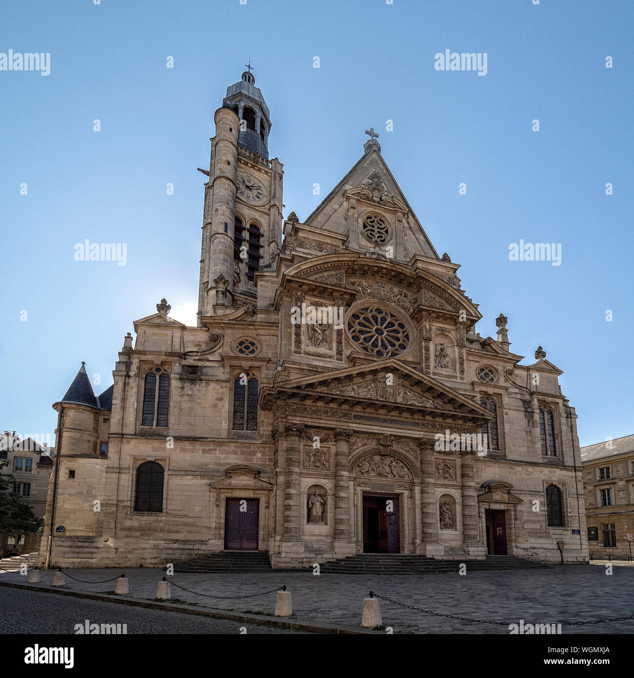 PARIS, FRANCE - AUGUST 04, 2018:   Exterior view of the 15th-century Church of Saint-Etienne-du-Mont on Place Sainte-Geneviève Stock Photo