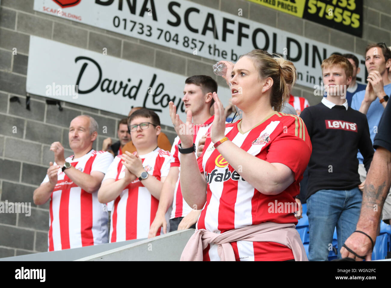 Sunderland fans applaud their players after the Sky Bet League One game Peterborough United v Sunderland, at the Weston Homes Stadium, Peterborough, on August 31, 2019. **Editorial use only, license required for commercial use. No use in betting, games or a single club/league/player publications** Stock Photo