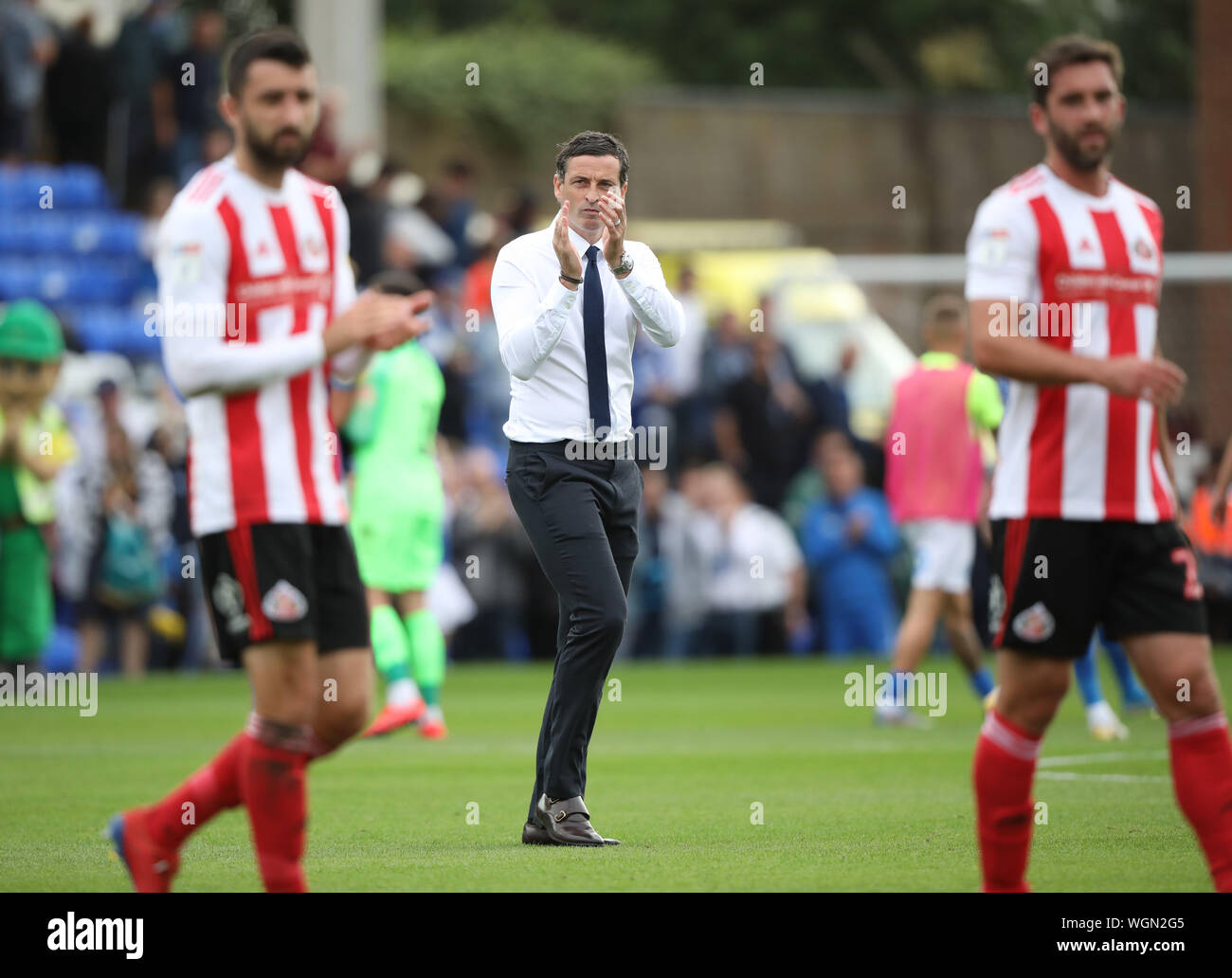 Jack Ross (Sunderland manager) applauds the travelling fans after a 3-0 defeat at the Sky Bet League One game Peterborough United v Sunderland, at the Weston Homes Stadium, Peterborough, on August 31, 2019. **Editorial use only, license required for commercial use. No use in betting, games or a single club/league/player publications** Stock Photo
