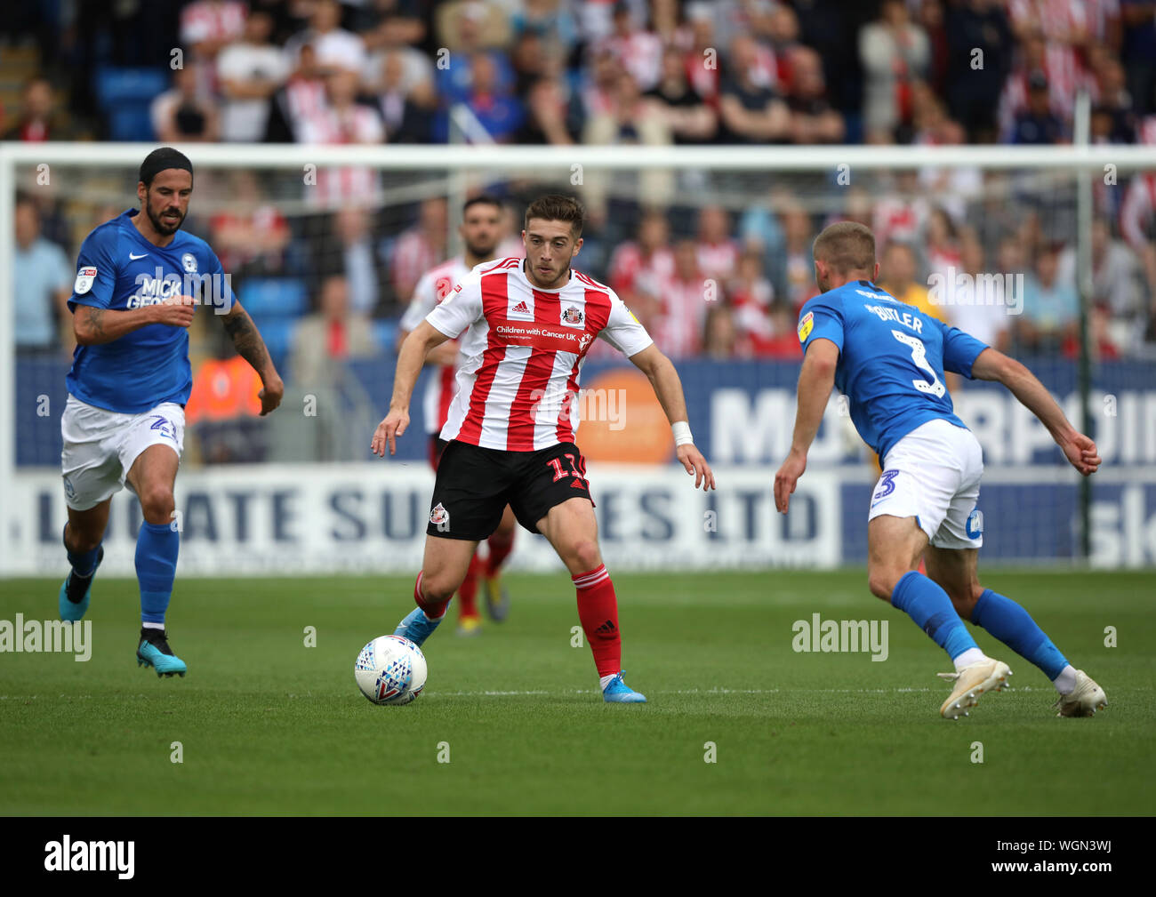 Lynden Gooch (S) at the Sky Bet League One game Peterborough United v Sunderland, at the Weston Homes Stadium, Peterborough, on August 31, 2019. **Editorial use only, license required for commercial use. No use in betting, games or a single club/league/player publications** Stock Photo