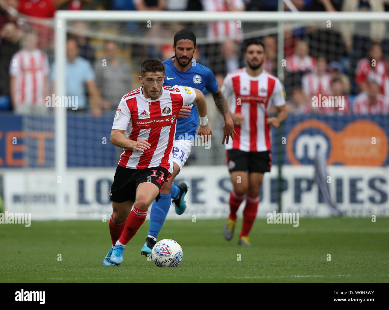 Lynden Gooch (S) George Boyd (PU) at the Sky Bet League One game Peterborough United v Sunderland, at the Weston Homes Stadium, Peterborough, on August 31, 2019. **Editorial use only, license required for commercial use. No use in betting, games or a single club/league/player publications** Stock Photo