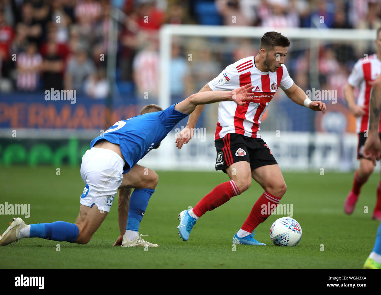 Lynden Gooch (S) at the Sky Bet League One game Peterborough United v Sunderland, at the Weston Homes Stadium, Peterborough, on August 31, 2019. **Editorial use only, license required for commercial use. No use in betting, games or a single club/league/player publications** Stock Photo