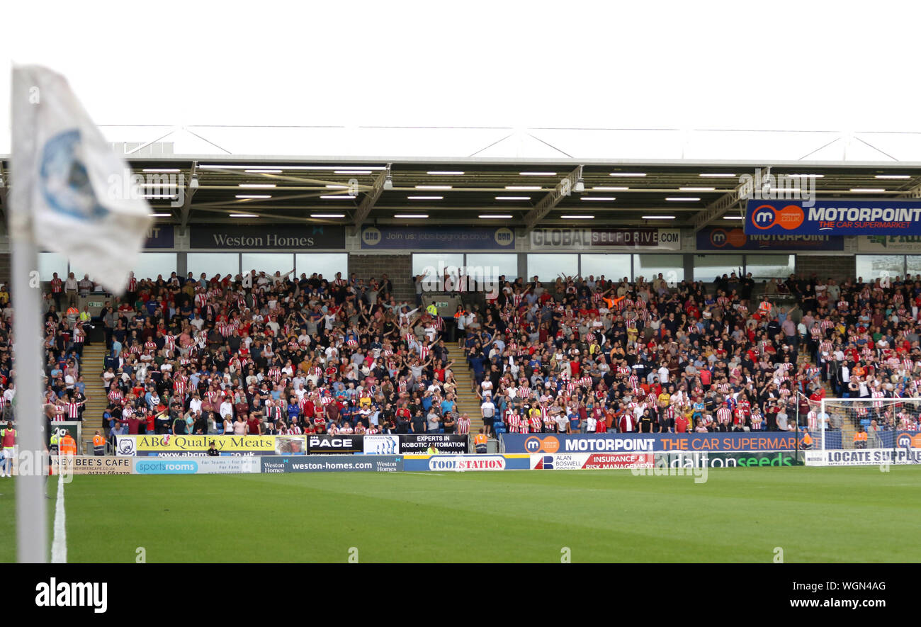 Sunderland fans filled the away end at the Sky Bet League One game Peterborough United v Sunderland, at the Weston Homes Stadium, Peterborough, on August 31, 2019. **Editorial use only, license required for commercial use. No use in betting, games or a single club/league/player publications** Stock Photo