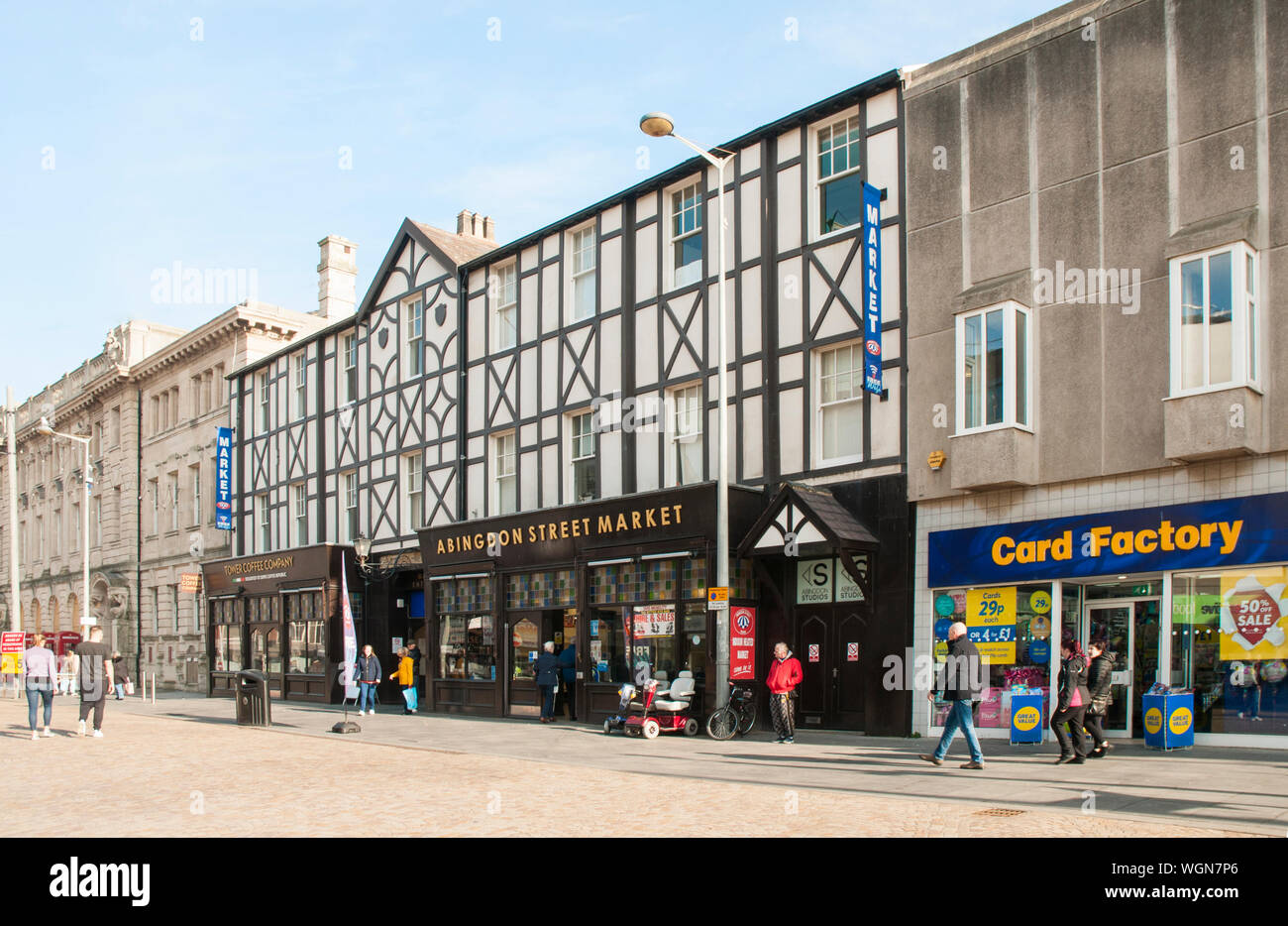 Three types of building architecture, Ex Post Office, Market and Card Factory Shop next to each other Further information on additional info Stock Photo