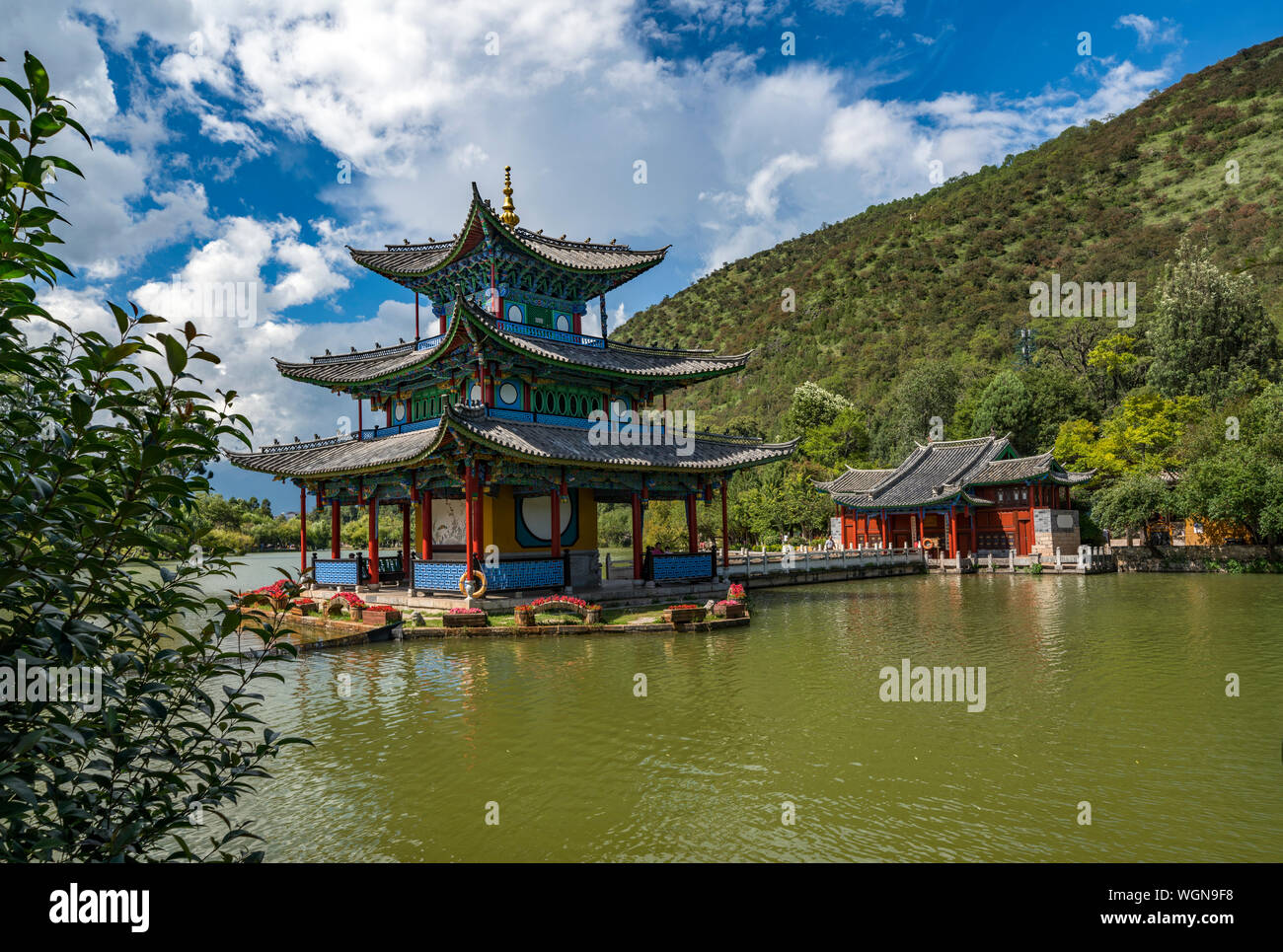 Pagoda on Black Dragon Pool Lake in Lijiang, Yunnan, China Stock Photo