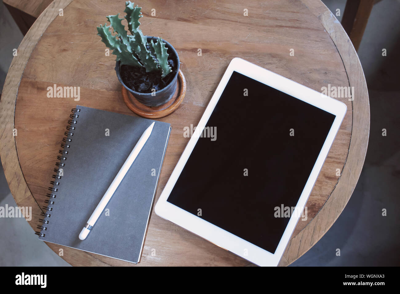 Directly Above Shot Of Book And Digital Tablet By Houseplant On Table Stock Photo