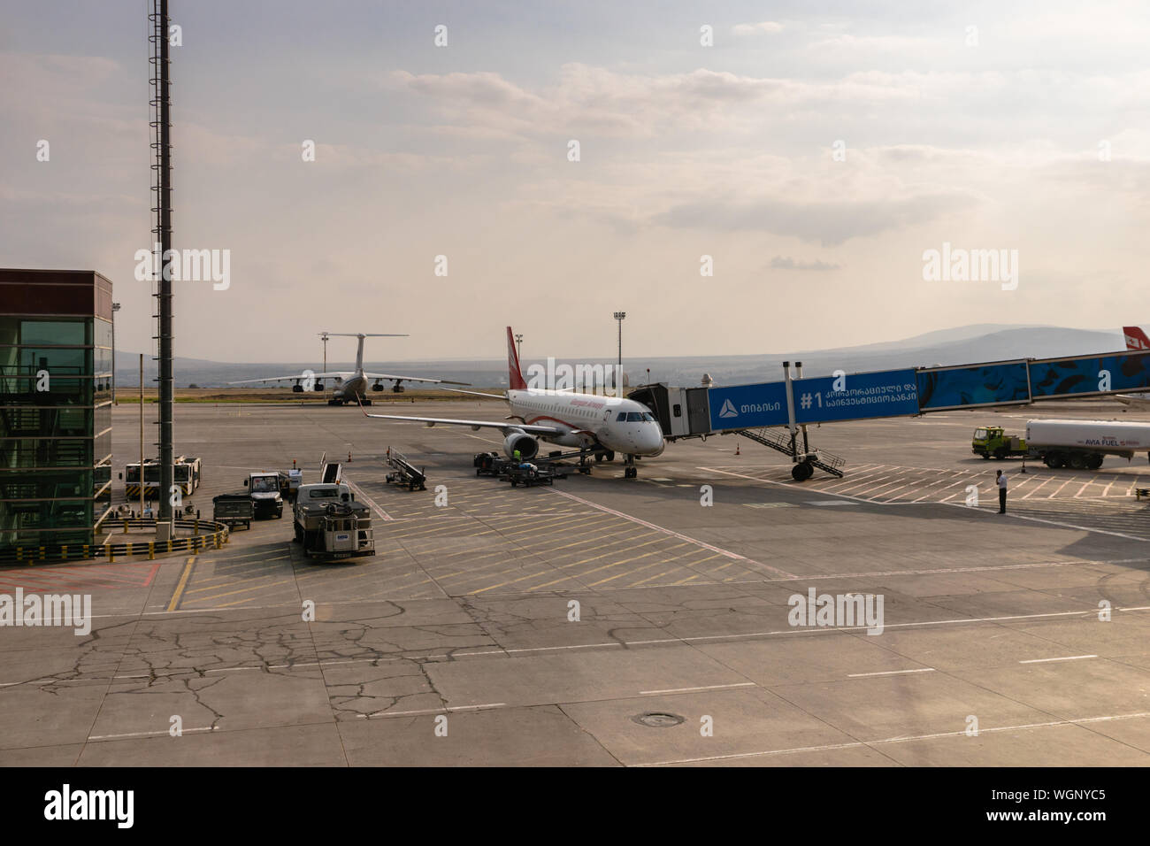 Tbilisi, Geogia - August 2019:  Georgian Airways aircraft on runway of Tbilisi Airport. Georgian Airways, formerly Airzena Stock Photo