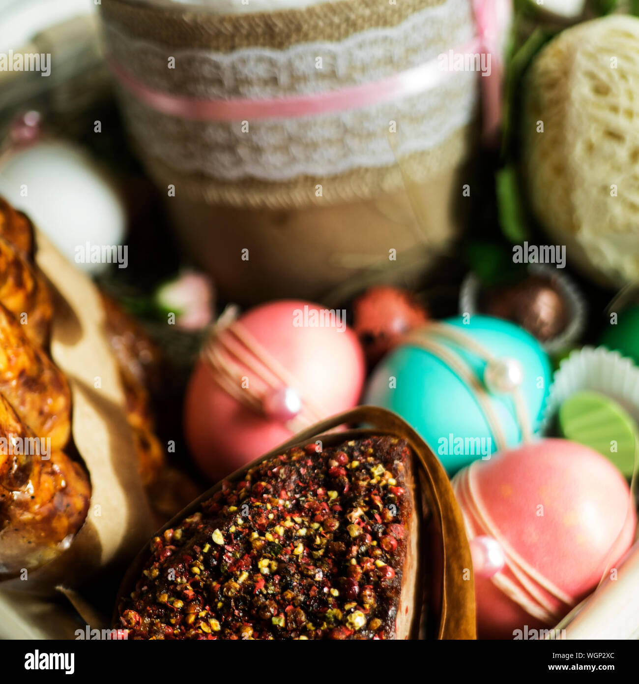 High Angle View Of Easter Basket With Food And Decoration Stock Photo