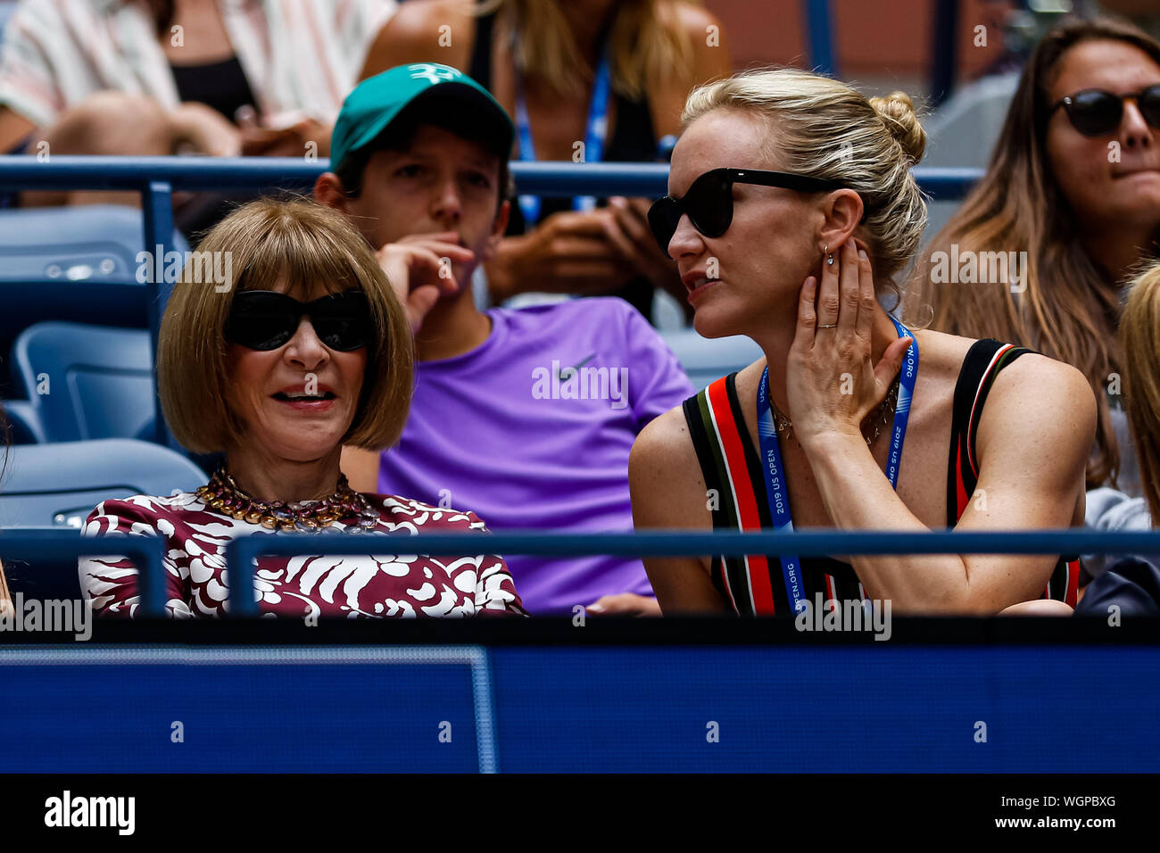 New York, USA. 01st Sep, 2019. Anna Wintour, chief of Vogue US, and Amy  Griffin, former American soccer player, attend the match between Roger  Federer of Switzerland and David Goffin of Belgium