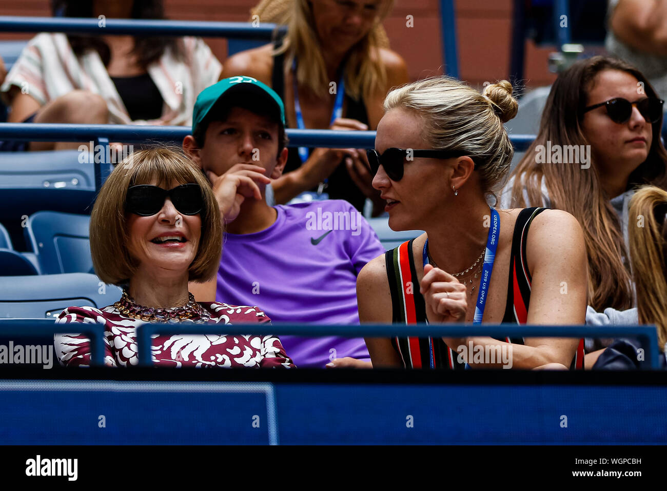 New York, USA. 01st Sep, 2019. Anna Wintour, chief of Vogue US, and Amy  Griffin, former American soccer player, attend the match between Roger  Federer of Switzerland and David Goffin of Belgium
